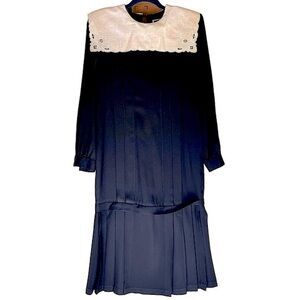 Vintage Moonglow Black Drop Waist Midi Dress with Linen Collar Size 10